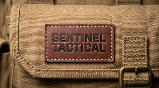 A centered, frontal view of a thick, rectangular, rich-brown PU leather patch. It has a visible grain texture. The text "SENTINEL TACTICAL" is clearly branded and debossed into the material in a dark brown tone. It is sewn onto a reinforced, tan-colored canvas equipment bag.