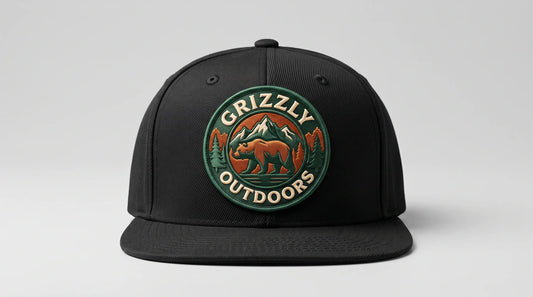 Full view of a structured black snapback hat with a large circular 3D embroidered retro mountain and bear patch on the front.