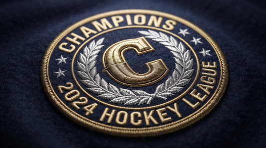 A close-up product shot of a high-end hockey patch featuring intricate metallic gold and silver embroidery threadwork, showcasing superior stitch quality.