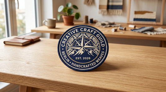 A complete high-density Damask woven patch displayed on a professional designer workbench with natural lighting