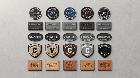 Professional display of various custom patches including embroidered, PVC, leather, and woven types on a minimalist matte surface, industrial-chic style.
