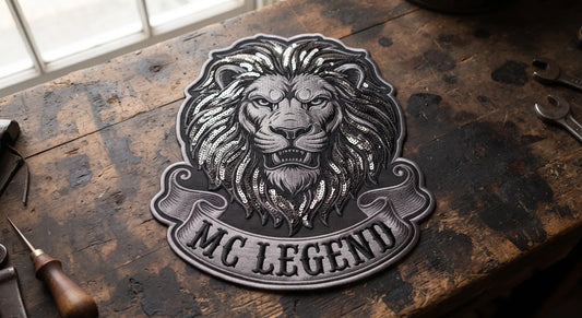 A pristine product photograph of a single, finished large mixed-media MC patch (sequin + satin), entire and centered, resting on a roll of sew-on paper backing on a production workshop table.