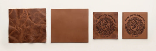 A wide panoramic (3:1) view of raw leather materials, including LWG-certified full-grain and top-grain, alongside finished patches featuring precise laser etching at 0.3mm-0.5mm depth.