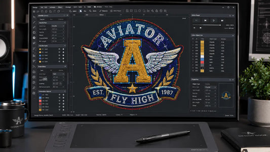 Expert precision digitizing layout planning for a mixed-media custom chenille and flat embroidery patch.