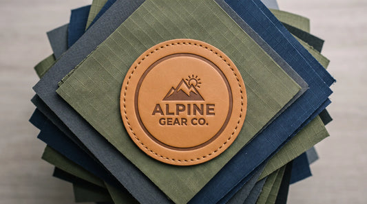 A professional, front-on photograph of a complete, circular tan PU leather badge. It is centered and stitched to the top layer of a neatly stacked pile of various technical outdoor fabrics (nylon ripstop, softshell) in muted, complementary colors. The background is a clean, organized studio surface, keeping the focus sharp on the perfect, dry patch.