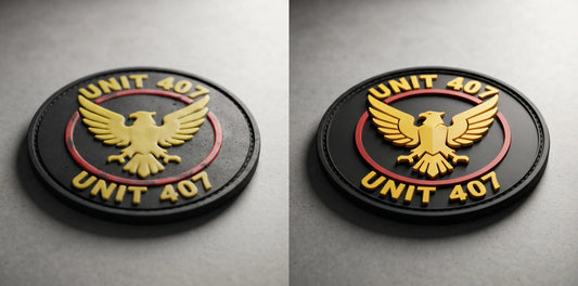 Full view side-by-side comparison: a flat, soft, botched PVC badge on the left versus a deep, sharply defined, premium 3D relief badge on the right.