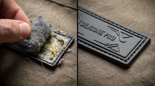 A hand peeling a failed Velcro backing from a PVC patch versus a securely stitched silicone patch.