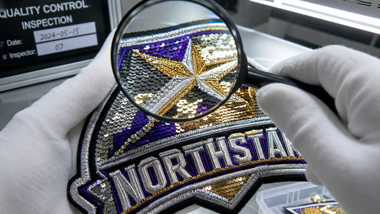 Professional quality control inspection of custom sequin patches ensuring zero loose threads.