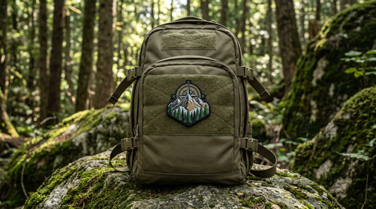 A high-resolution photograph of a single, complete 3D embroidered tactical patch centered on a tactical backpack in a forest, demonstrating a flawless finish.