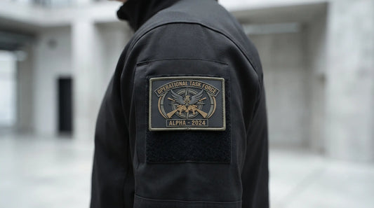A complete rectangular tactical patch on the shoulder of a modern black jacket, emphasizing a professional and clean tactical look.