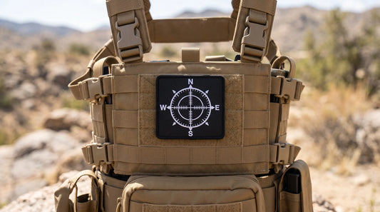 A full shot of a coyote tan modular tactical chest rig. Prominently displayed on the center Velcro panel is a custom rectangular 3D embroidered patch. The patch features the precise tactical compass and crosshair design described in previous prompts, executed in clean white stitching on a black background. The patch is perfectly centered on the panel, showcasing its clean, die-cut edges and high-density, durable construction that resists abrasion. The surrounding nylon webbing and buckles of the rig are in