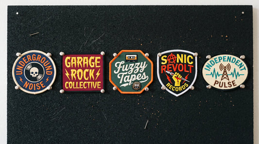 A neat row of five different small-batch embroidered band patches pinned perfectly flat to a black corkboard. Each patch has a unique, colorful logo representing an independent music label (e.g., Underground Noise, Garage Rock collective). Clear focus, soft, diffuse lighting, retro-inspired aesthetic, highly detailed thread texture --ar 16:9