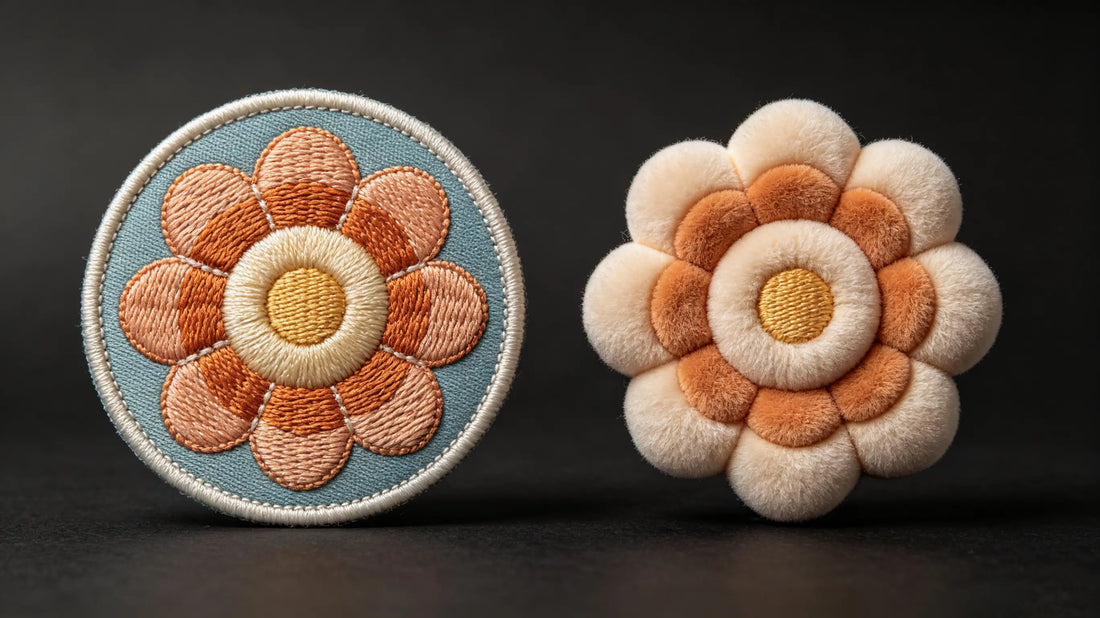 Side view contrast of 2D flat patch and raised 3D puff embroidered patch