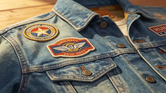2D flat custom embroidered patches on denim jacket showing crisp thread detail