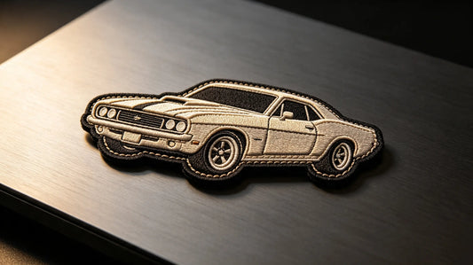 Single automotive 3D raised foam embroidered patch, sculpted embossed depth, classic car graphic, dark grey metal background.