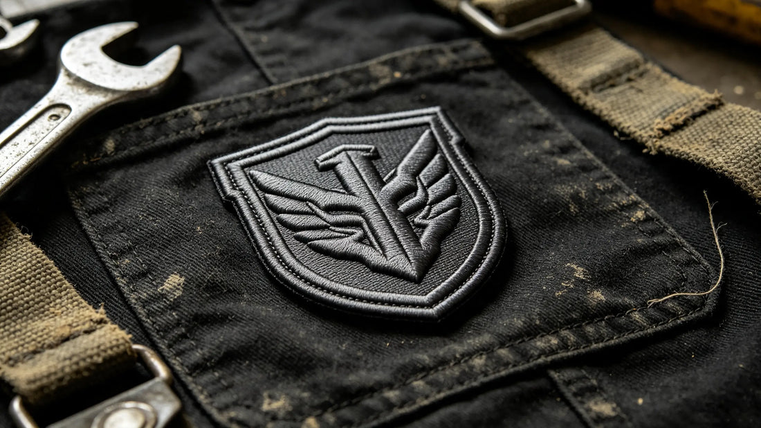 Single custom shield-shaped 3D raised embroidery patch for racing teams, showcasing foam embroidery texture laid on worn mechanic canvas fabric.