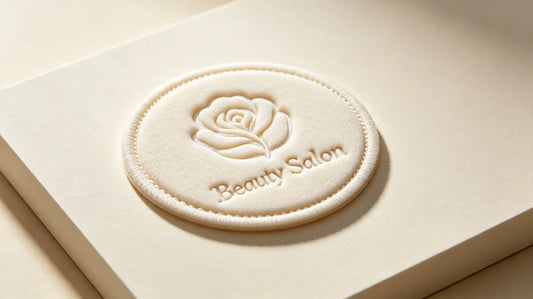 Single premium beauty salon 3D raised foam embroidered patch, soft sculpted floral logo, clean minimalist light studio background.