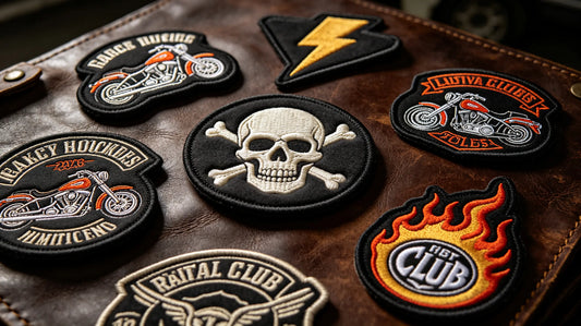 Collection of biker rocker panels, club crests and motorcycle themed 3D Embroidered Patches with foam raised texture, automotive and rider graphic designs