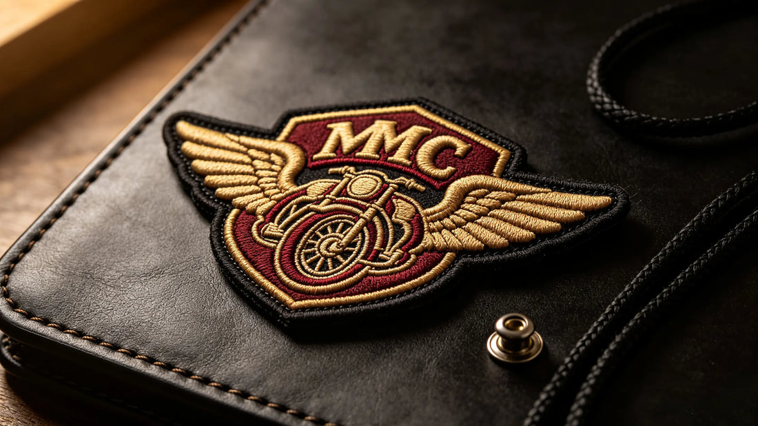 Single motorcycle club crest 3D raised embroidery patch for biker vests, foam embroidery texture laid on genuine dark brown leather hide.