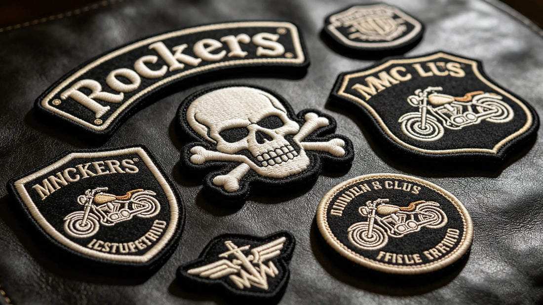 Collection of motorcycle club rocker and skull themed 3D Embroidered Patches with foam raised texture, biker graphic designs