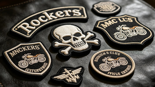 Collection of motorcycle club rocker and skull themed 3D Embroidered Patches with foam raised texture, biker graphic designs