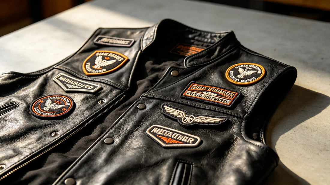 Collection of custom 3D Embroidered Patches mounted on classic black leather biker vest, raised foam embroidery texture