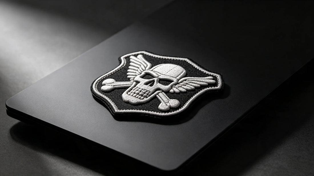 Single motorcycle club 3D raised foam embroidered patch, sculpted biker emblem graphic, matte black studio background.