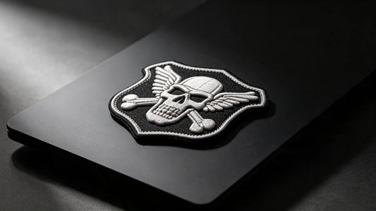 Single motorcycle club 3D raised foam embroidered patch, sculpted biker emblem graphic, matte black studio background.