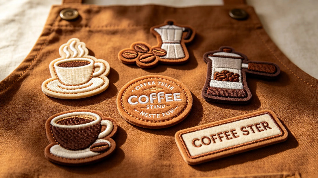 Collection of coffee shop and barista themed 3D stereo embroidered badges, featuring coffee cup, bean, portafilter and café monogram designs with genuine foam raised embroidery texture.