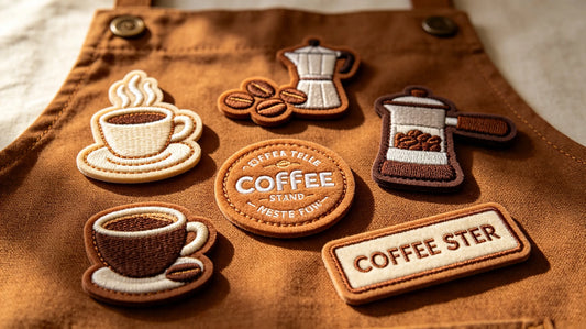 Collection of coffee shop and barista themed 3D stereo embroidered badges, featuring coffee cup, bean, portafilter and café monogram designs with genuine foam raised embroidery texture.