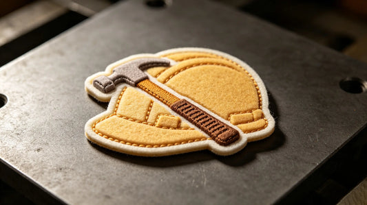 Single construction 3D raised foam embroidered patch, sculpted tool graphic, dark metal workbench background.