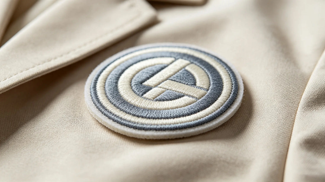 Collection of custom 3D Embroidered Patches laid on corporate polyester uniform fabric, clear foam raised embroidery texture
