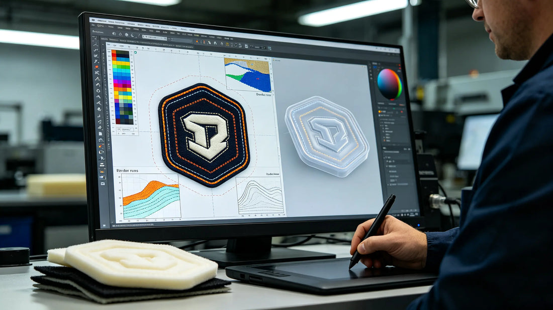 Embroidery digitizing software screen showing 3D puff patch stitch layout