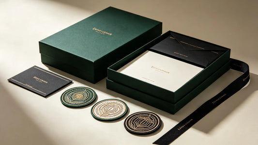Premium product packaging with 3D embroidered patches as brand identity elements