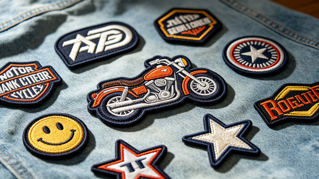 Brand graphic 3D Embroidered Patch sewn onto vintage denim jacket sleeve, prominent foam stereo embroidery detail