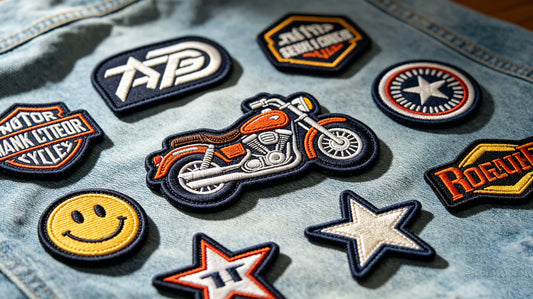 Brand graphic 3D Embroidered Patch sewn onto vintage denim jacket sleeve, prominent foam stereo embroidery detail