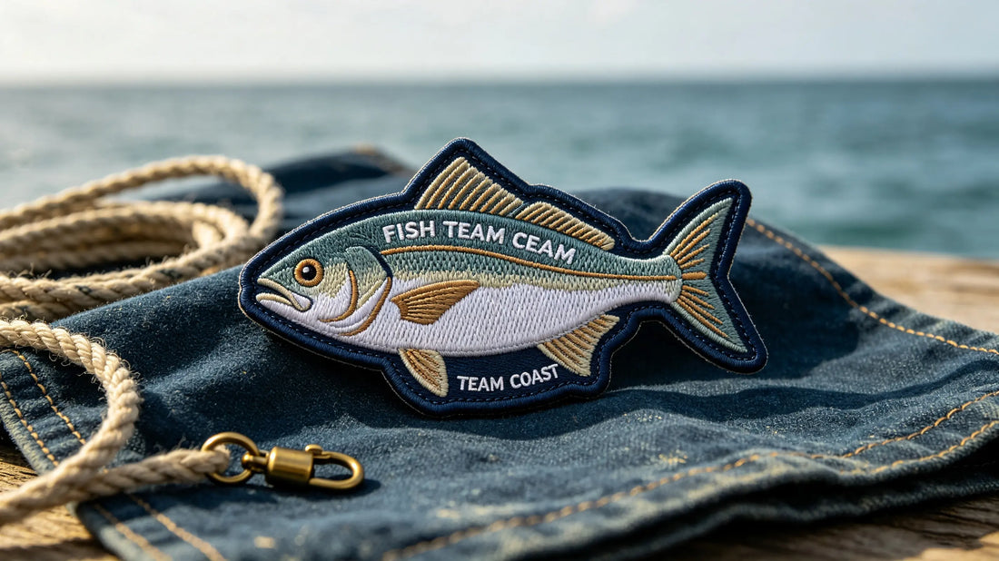 Single custom saltwater fish silhouette 3D raised embroidery patch for fishing crews, foam embroidery texture laid on weathered navy marine canvas fabric.