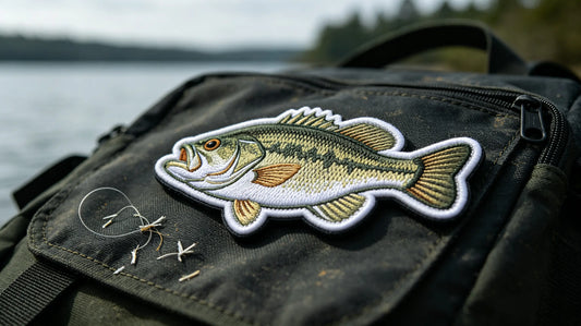 Single angler themed 3D raised embroidery patch laid on vintage heavy nylon fabric, sculpted foam embroidery texture clearly displayed.