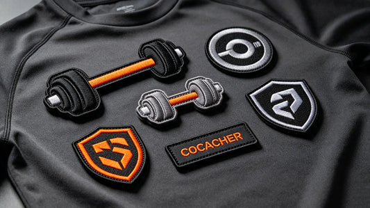 Collection of fitness gym and sports club 3D stereo embroidered badges, barbell, dumbbell, team crest and trainer monogram designs with genuine foam raised embroidery texture.
