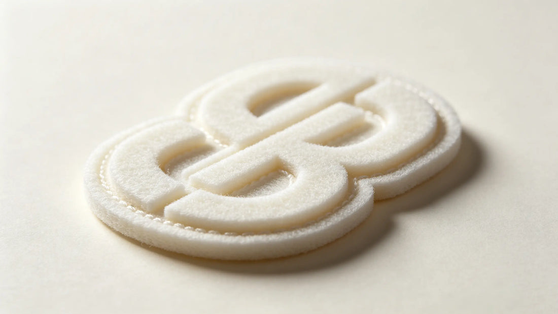 Side view showing obvious raised stereo texture of 3D foam embroidered patch