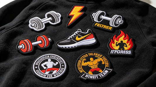 Collection of gym and amateur sports club 3D stereo embroidered badges, featuring fitness brand logos, team mascots, training slogan patches with genuine foam raised embroidery texture.
