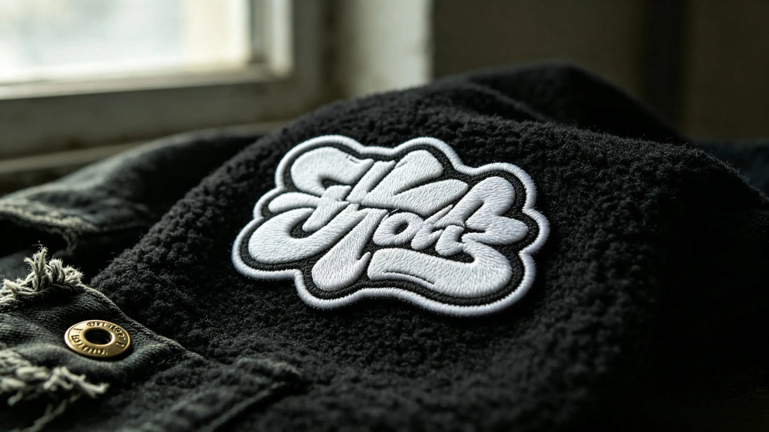 Single freeform custom 3D raised embroidery patch for independent streetwear brand, showing sculpted foam embroidery texture on vintage black fleece fabric.