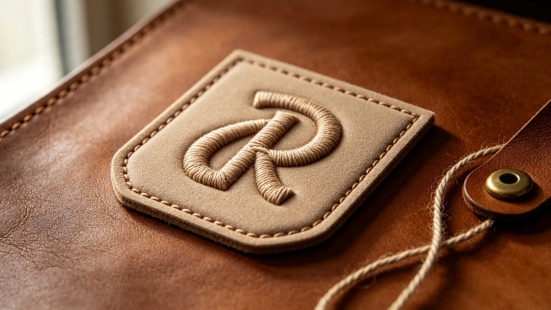Single minimalist monogram 3D raised embroidery patch for artisan leather brands, foam embroidery texture laid on natural full-grain vegetable tanned leather.