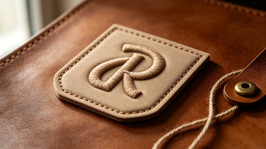 Single minimalist monogram 3D raised embroidery patch for artisan leather brands, foam embroidery texture laid on natural full-grain vegetable tanned leather.