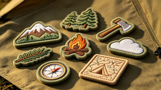 Collection of mountain crest, trail commemorative and wildlife themed 3D Embroidered Patches with foam raised texture, outdoor hiking and camping graphic designs