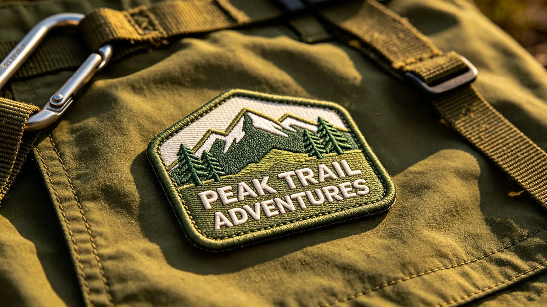 Single large 3D stereo embroidered outdoor adventure badge placed on weathered hiking gear, showing genuine foam raised embroidery texture and full stitch detail.