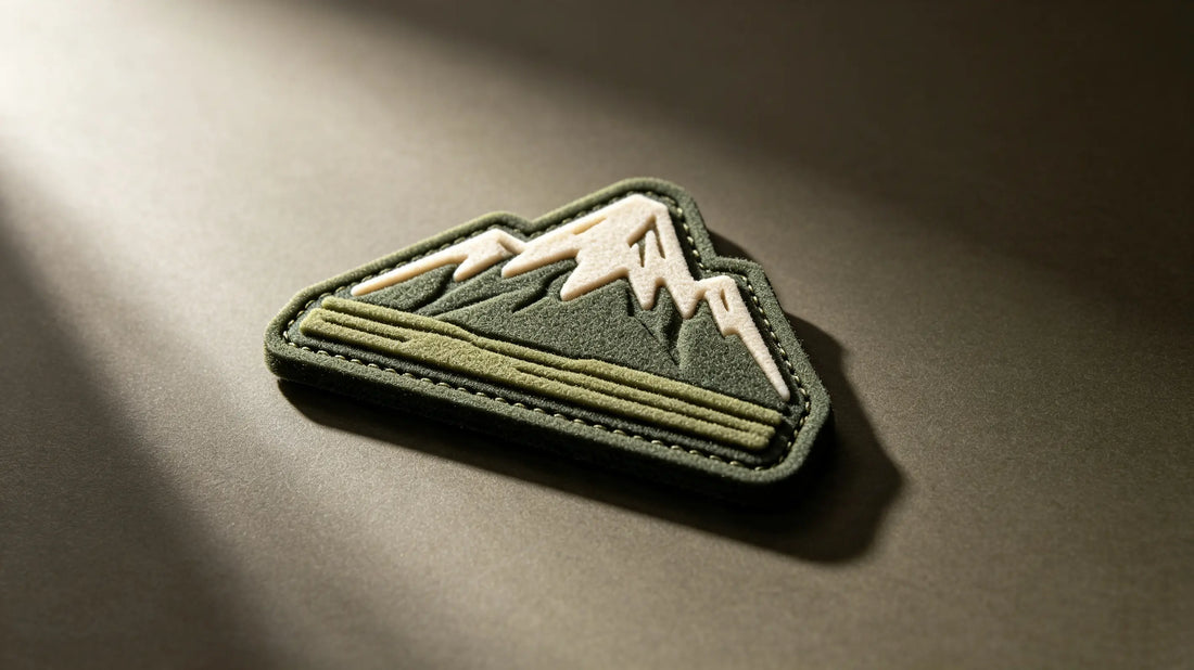 Single outdoor camping 3D raised foam embroidered patch, sculpted mountain graphic, matte dark taupe studio background.