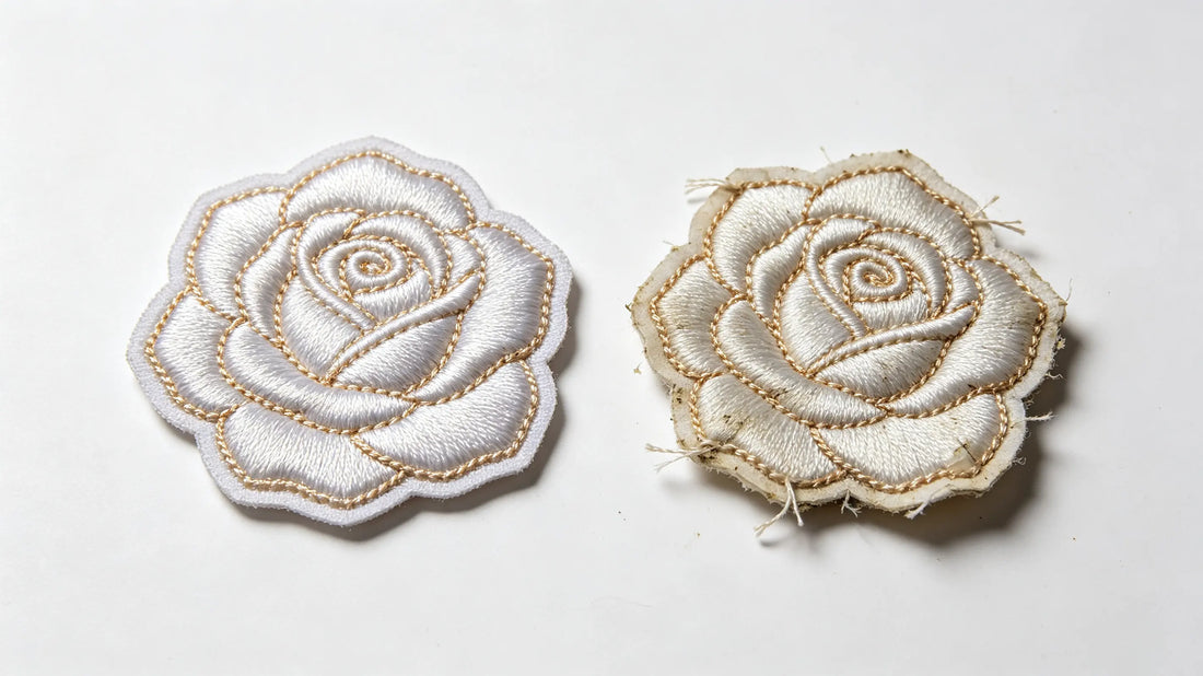 Side-by-side good quality and defective 3D embroidered patch comparison
