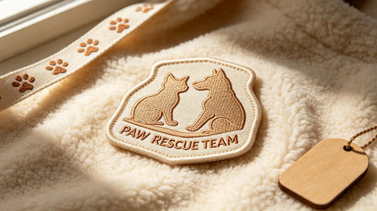 Single custom cat and dog silhouette 3D raised embroidery patch for animal rescue groups, showing foam embroidery texture on soft fleece fabric.