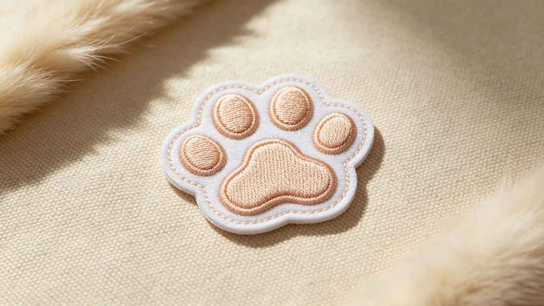 Single pet themed 3D raised embroidery patch laid on light beige washed canvas, fluffy foam embroidery texture visible.